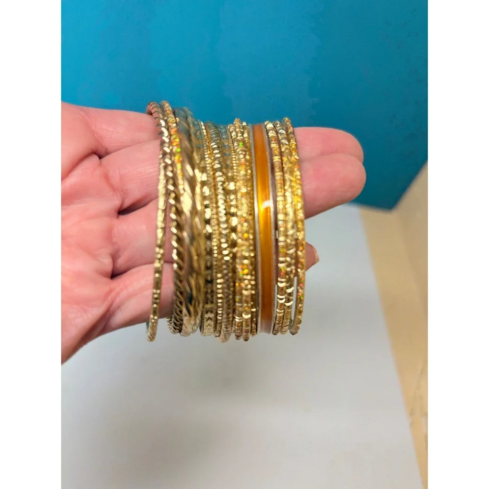 Gold Tone Bangle Bracelet Set 17pc Textured Glitter Orange Boho Stackable